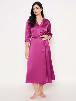 Clovia - Satin Solid Long Robe With Belt Pink (Set of 2)