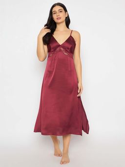 Clovia - Satin Solid Padded Long Night Dress Maroon
