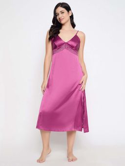 Clovia - Satin Solid Long Night Dress Pink