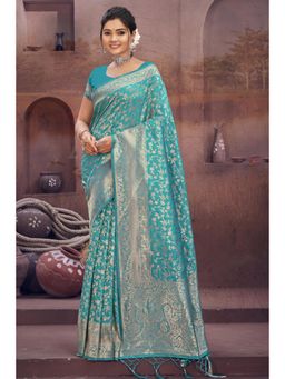 Sangam Prints - Sky Blue Silk Woven Zari Work Traditional Tassel Saree with Unstitched Blouse