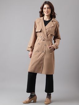 Latin Quarters - Women Beige Full Sleeve Solid Overcoat with Belt (Set of 2)