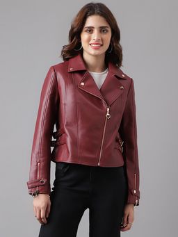 Latin Quarters - Women Red Full Sleeves Solid Biker Jacket