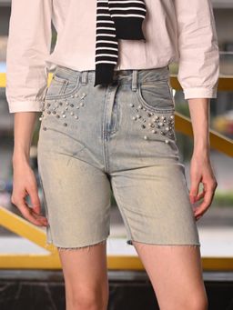 Odette - Women Blue Denim Embellished Shorts