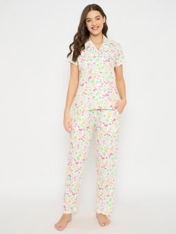 Clovia - White Cotton Printed Shirt and Pyjama (Set of 2)