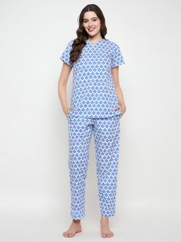 Clovia - White Cotton Printed Top and Pyjama (Set of 2)