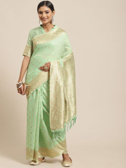 Sareemall - Women's Silk Cotton Green Woven Design Woven Saree with Unstitched Blouse
