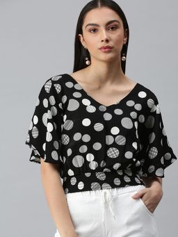 SHOWOFF - Women V-Neck Flare Sleeves Printed Black Top