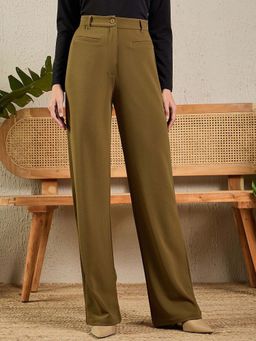 DELAN - Olive Women Smart High-Rise Easy Wash Trouser