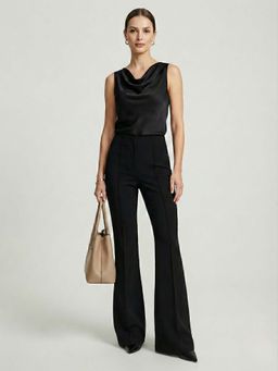 DELAN - Women Black Japanese Solid High-Rise Pleated Bootcut Trouser