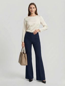 DELAN - Navy Blue Women Navy Japanese Solid High-Rise Pleated Bootcut Trouser