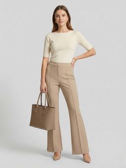DELAN - Women Beige Japanese Solid High-Rise Pleated Bootcut Trouser