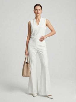 DELAN - Women White Japanese Solid High-Rise Pleated Bootcut Trouser