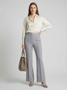 DELAN - Women Grey Japanese Solid High-Rise Pleated Bootcut Trouser