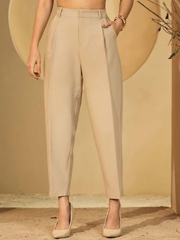 DELAN - Beige Women Tailored High-Rise Easy Wash Pleated Trouser
