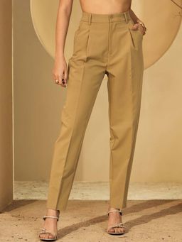 DELAN - Women Khaki High-Rise Pleated Trouser