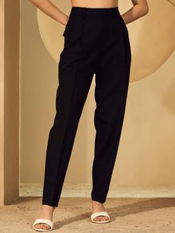 DELAN - Black Women Tailored Mom Fit High-Rise Pleated Regular Trouser