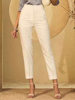 DELAN - Women's Ivory High-Waist Slim Fit Cigarette Trouser