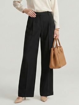 DELAN - Women Black Korean Solid High-Rise Pleated Wide-Leg Trouser