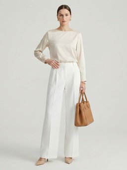 DELAN - Women White Korean Solid High-Rise Pleated Wide-Leg Trouser