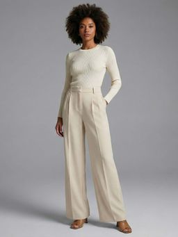 DELAN - Women Beige Korean Solid High-Rise Pleated Wide-Leg Trouser