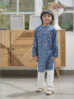 Fayon Kids - Blue Printed Kurta and Off White Pant (Set of 2)