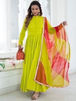 Lavanya The Label - Neon Green Cotton Flared Anarkali And Pant (Set of 3)
