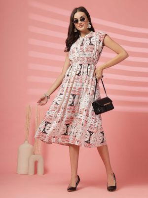 Indibelle Rayon Tropical Print Flared Dress (Blue)