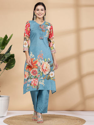 Sky Blue Floral Printed  A-Line Rayon Kurta Set