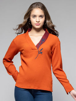 SHAYE - V-Neck Rust Orange Solid Long Sleeves Casual Top