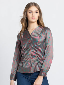 SHAYE - V-Neck Brown Printed Long Sleeves Casual Top