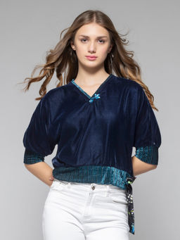 SHAYE - V-Neck Blue Solid Half Sleeves Casual Top