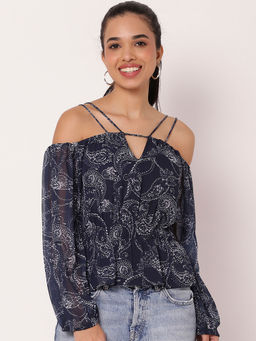 Moomaya - Blue Long Sleeves Off Shoulder Printed Top