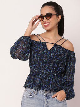 Moomaya - Black Long Sleeves Off Shoulder Printed Top