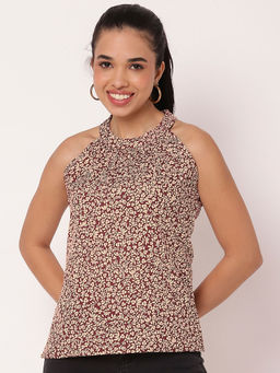 Moomaya - Maroon Sleeveless Halter Neck Comfortable Fit Top