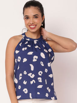 Moomaya - Blue Sleeveless Halter Neck Comfortable Fit Top
