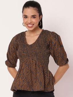 Moomaya - Brown Women's Smocked Printed Top