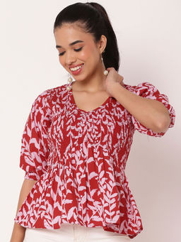 Moomaya - Red Women's Smocked Printed Top