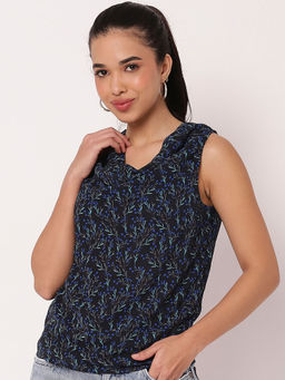Moomaya - Black Sleeveless Cowl Neck Printed Georgette Top