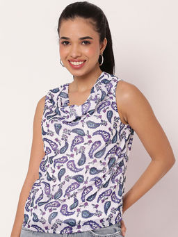 Moomaya - White Sleeveless Cowl Neck Printed Georgette Top