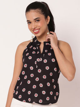 Moomaya - Black Sleeveless Halter Neck Comfortable Fit Top