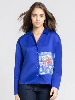 SHAYE - Flat Lapel Collar Cobalt Blue Bird Print Long Sleeves Casual Shirts for Women