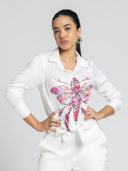 SHAYE - White Spread Collar Butterfly Print Full Sleeves Casual Shirts for Women