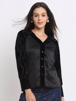SHAYE - Black V-Neck Solid Full Sleeves Party Shirts for Women