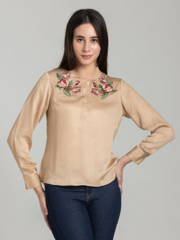 SHAYE - Beige Round Neck Embroidered Full Sleeves Party Top for Women