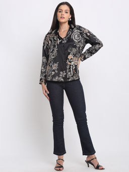 SHAYE - Black Shirt Collar Floral Print Full Sleeves Party Shirts for Women