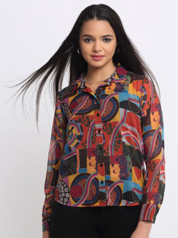 SHAYE - Multi Color Shirt Collar Abstract Print Full Sleeves Party Shirts with Cami for Women