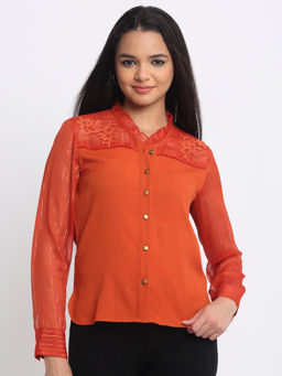 SHAYE - Orange Ruffled Neck Embroidered Full Sleeves Party Shirts for Women