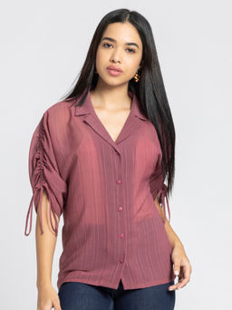 SHAYE - Notch Collar Pink Stripes Three-Quarter Sleeves Casual Shirts for Women