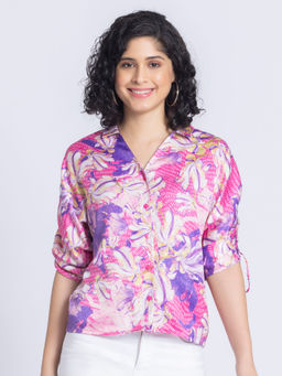 SHAYE - Spread Collar Pink Floral Print Three-Quarter Sleeves Casual Shirts for Women