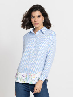 SHAYE - Blue Shirt Collar Stripe Print Full Sleeves Casual Shirts for Women